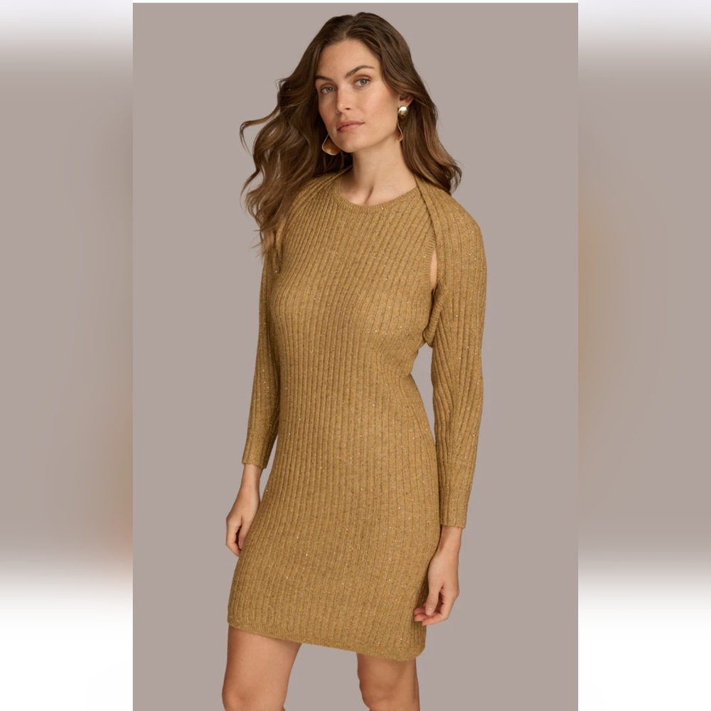Donna Karan Gold Sweater Dress and Shrug